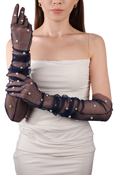 Limelia Navy Blue Plain Tulle Bridal Gloves Costume with Pearls