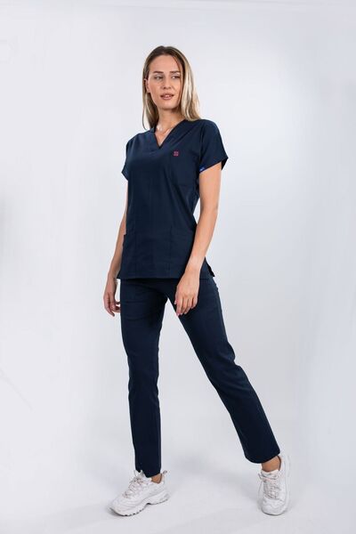 İBA MEDİKAL HEMŞİRE FORMASI LİKRALI ESNEK PAMUKLU LACİVERT YARASA KOL
