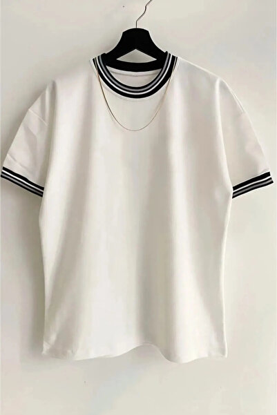 KAWEAR تي شيرت صيفي أبيض كبير الحجم للجنسين بياقة وأكمام - موسم جديد مضلع