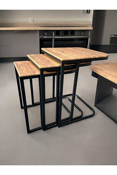 BURAK HALI Kahverengi 3lü Zigon Sehpa Mdf Mebran Hazır Kurulu Sehpa Takımı