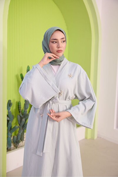 MAS BUTİK Taş Detaylı Kuşaklı Keten Kumaş Alt-üst Kimono Takım