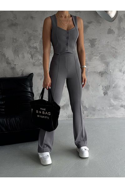BE CHİC Heart Collar Women's Vest and High Waist Wide Leg Pants - 2-Piece Set