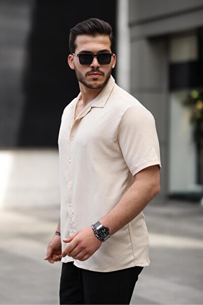 Gray Clothing Erkek Bej Bürümcük Kısa Kollu Oversize Bol Kesim Yazlık Gömlek