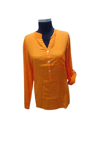 ZY BUTİK Orange Linen Shirt - Prevailing Collar, Long Sleeve, Plus Size Blouse