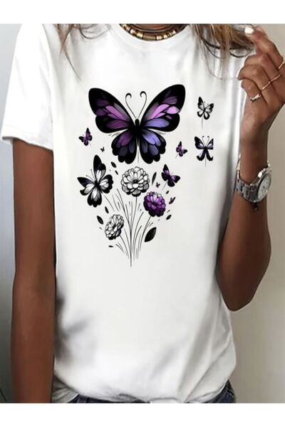 CLASSY.MODA تي شيرت نسائي من جيرسي واحد - تي شيرت أبيض مطبوع كبير الحجم بياقة...