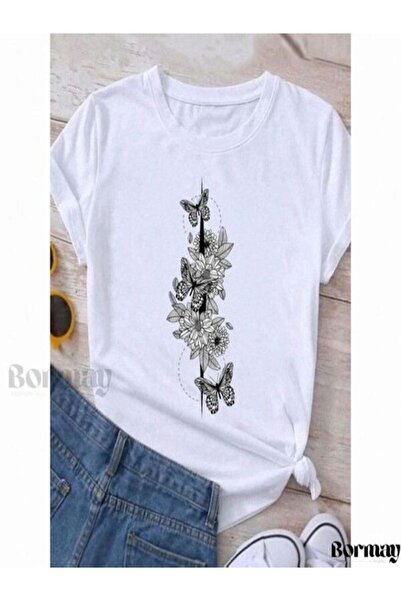 CLASSY.MODA Γυναικείο T-Shirt Single Jersey - Λευκό εμπριμέ μπλουζάκι με κοντό μανίκι με λαιμόκοψη