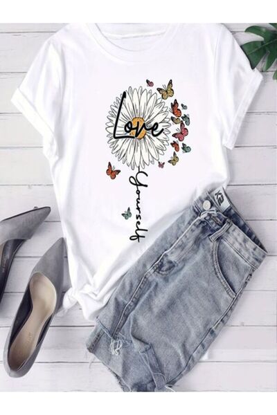 CLASSY.MODA Γυναικείο T-Shirt Single Jersey - Λευκό εμπριμέ μπλουζάκι με κοντ...