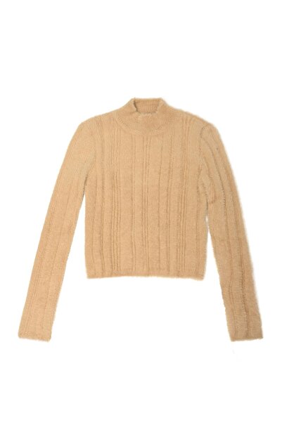 Dilvin 10451 Yarım Balıkçı Arkası Bağcıklı Dekolteli Kazak-camel