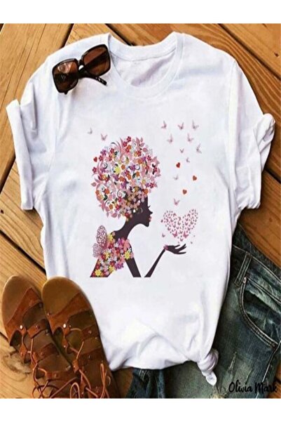 CLASSY.MODA تي شيرت نسائي من جيرسي واحد - تي شيرت أبيض مطبوع كبير الحجم بياقة...