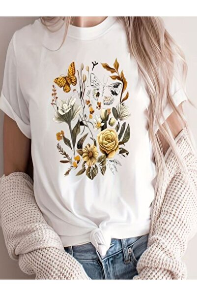 CLASSY.MODA تي شيرت نسائي من جيرسي واحد - تي شيرت أبيض مطبوع كبير الحجم بياقة...