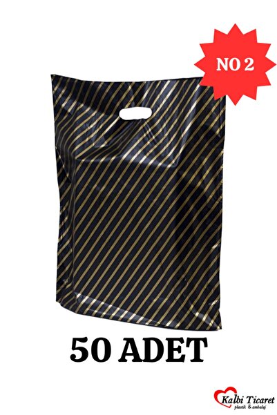 Kalbi Ticaret Mağaza Poşeti Çizgili Siyah Poşet (NO 2) 50'li Diagonal Takviye...