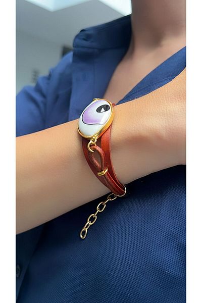 Kutcha Accessories Ceramic Eye Brown Leather Bracelet
