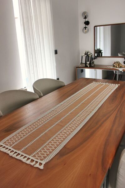 nonamino Cotton Shawl Motif Lace Knitted Kilim Pattern Runner 35X150 (Sğn Kahve)