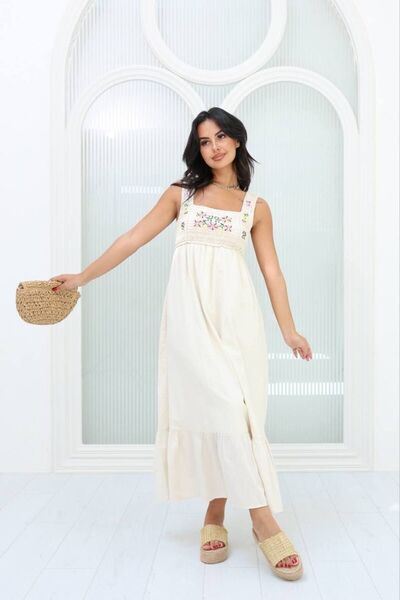 Lusin Γυναικείο μακρύ φόρεμα Stone Color - Μπροστινή επένδυση και κέντημα