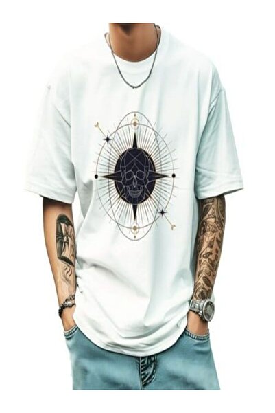 CLASSY.MODA تي شيرت جيرسي واحد للرجال - تي شيرت أبيض مطبوع كبير الحجم بياقة د...