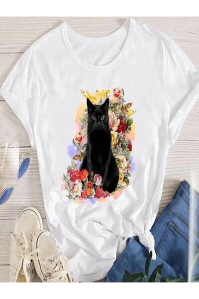 CLASSY.MODA تي شيرت نسائي من جيرسي واحد - تي شيرت أبيض مطبوع كبير الحجم بياقة...