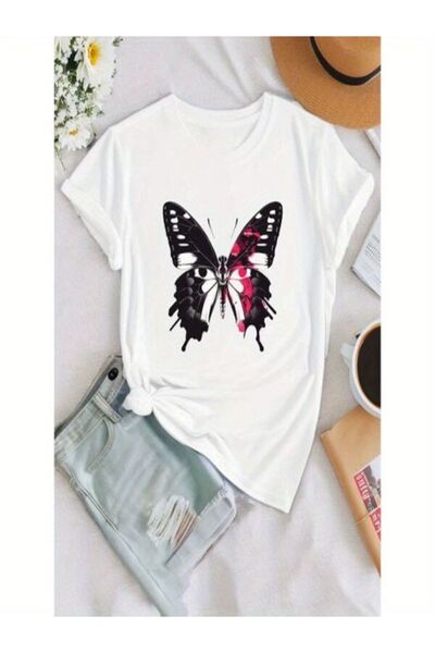 CLASSY.MODA Single Jersey T-Shirt Women - White Printed Oversize Crew Neck Short Sleeve T-Shirt