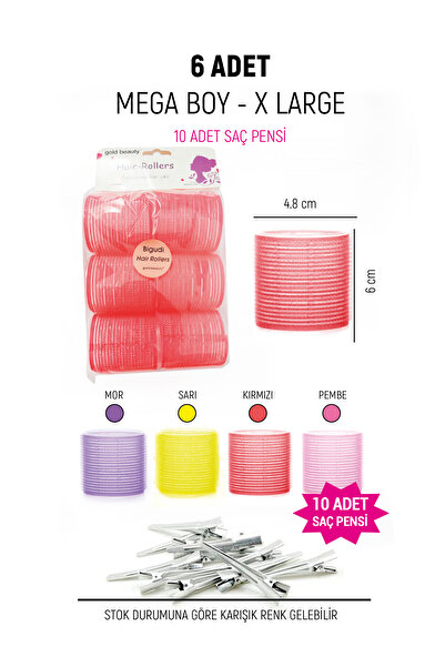 Gold Beauty MEGA BOY 6lı Bigudi Cırtlı - 10 ADET Saç Pensi, Yapışkanlı Saç Bigudisi, Çap 55mm Uzunluk 60mm