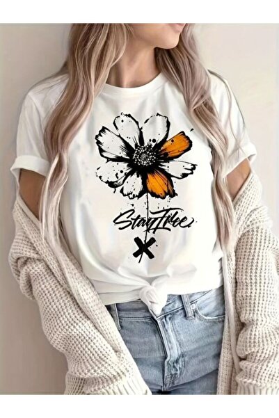 CLASSY.MODA Γυναικείο T-Shirt Single Jersey - Λευκό εμπριμέ μπλουζάκι με κοντό μανίκι με λαιμόκοψη