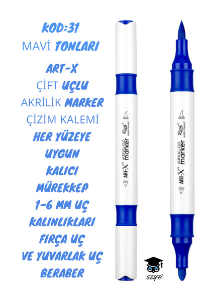 SEYFİKİRTASİYE قلم رسم أكريليك مزدوج الأطراف من ART-X - سمك طرف 1-6 مم، قلم رسم لجميع الأسطح
