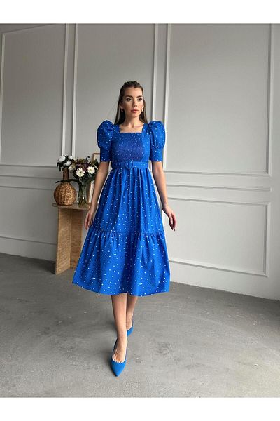 SEDA FİDAN Rochie cu buline cu maneca balon din poplin albastru