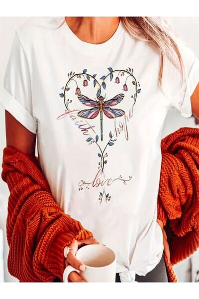 CLASSY.MODA Single Jersey T-Shirt Women - White Printed Oversize Crew Neck Short Sleeve T-Shirt