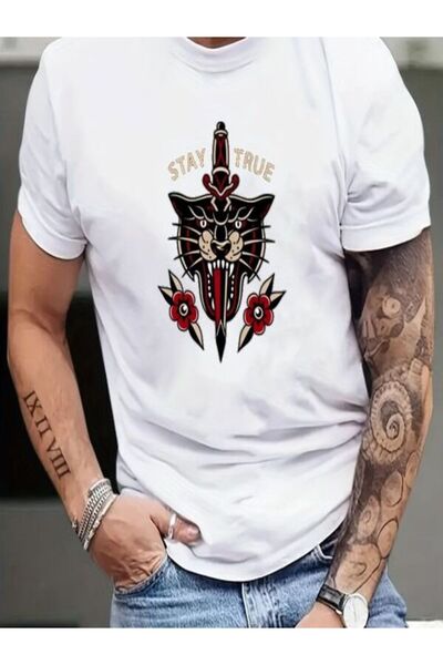 CLASSY.MODA تي شيرت جيرسي واحد للرجال - تي شيرت أبيض مطبوع كبير الحجم بياقة د...