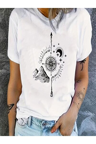 CLASSY.MODA تي شيرت نسائي من جيرسي واحد - تي شيرت أبيض مطبوع كبير الحجم بياقة...