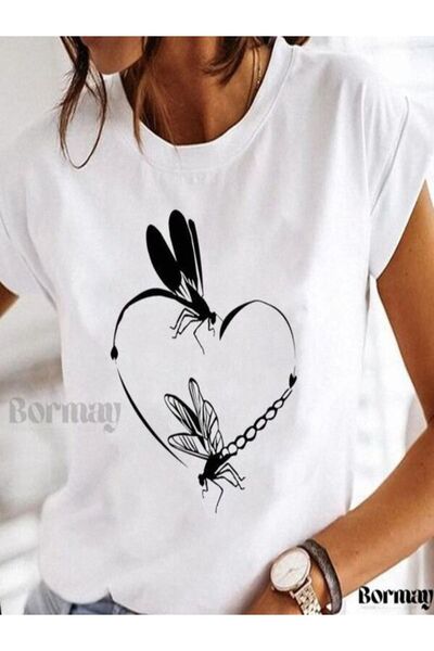 CLASSY.MODA Single Jersey T-Shirt Women - White Printed Oversize Crew Neck Short Sleeve T-Shirt