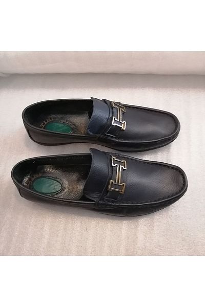 Bruno Men's Genuine Leather Navy Blue Banded Brass H Movable Buckle Soft Rubber Sole Loafer