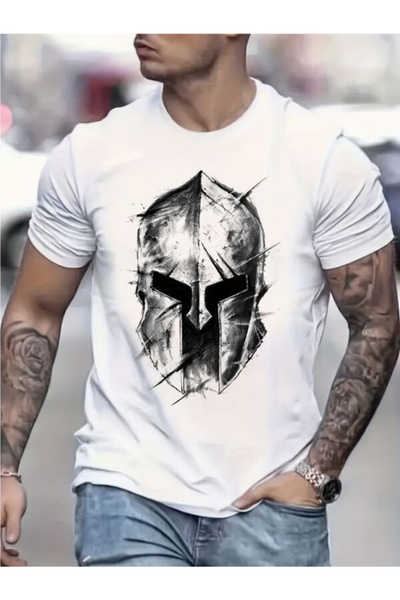 CLASSY.MODA تي شيرت جيرسي واحد للرجال - تي شيرت أبيض مطبوع كبير الحجم بياقة د...