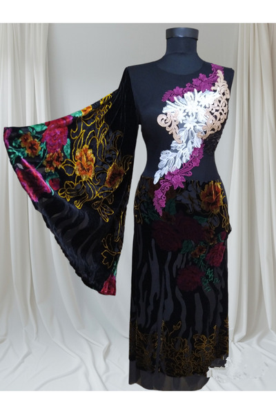 Muse Costume Tek kollu yakma kadife ve işlemeli tango elbisesi