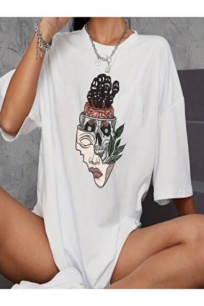 CLASSY.MODA Γυναικείο T-Shirt Single Jersey - Λευκό εμπριμέ μπλουζάκι με κοντό μανίκι με λαιμόκοψη