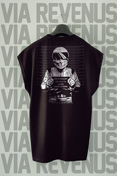 Vordevia Tricou sport negru pentru motocicliști primitive - imprimat pe spate, mânecă zero