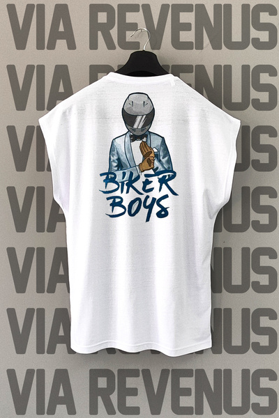 Vordevia Tricou sport alb pentru băieți biker - imprimat pe spate motociclist, mânecă zero