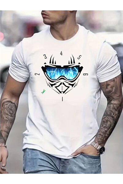 CLASSY.MODA تي شيرت جيرسي واحد للرجال - تي شيرت أبيض مطبوع كبير الحجم بياقة د...