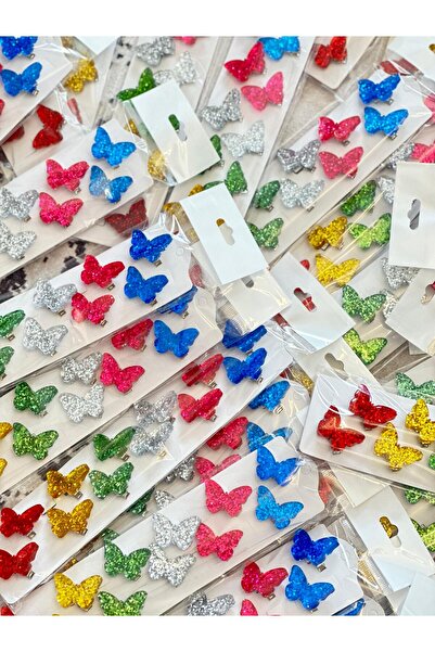 schkırt 12 Pieces of Butterfly Motif Children's Collet - Epoxy Glitter, Buckle Pink, Red Blue, Yellow Green, Silver Color