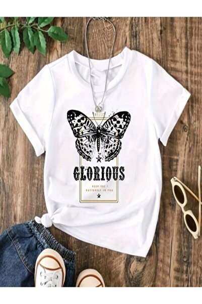 CLASSY.MODA Γυναικείο T-Shirt Single Jersey - Λευκό εμπριμέ μπλουζάκι με κοντό μανίκι με λαιμόκοψη