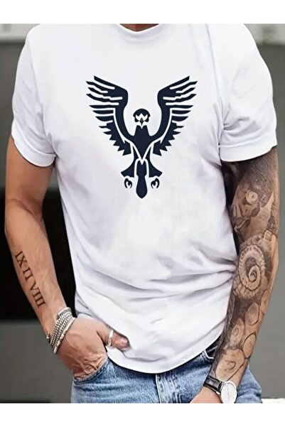 CLASSY.MODA تي شيرت جيرسي واحد للرجال - تي شيرت أبيض مطبوع كبير الحجم بياقة د...