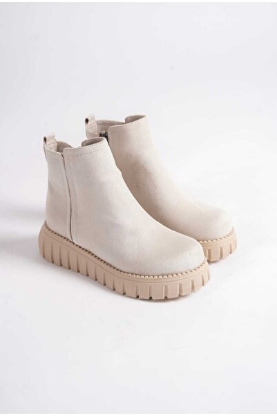 JVC Kadın bej süet lastikli fermuarlı bot