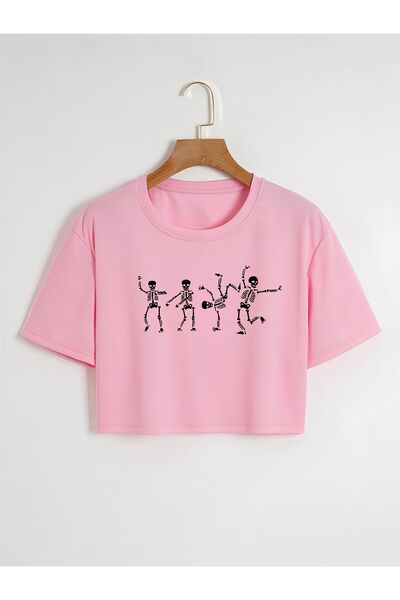 Ginevra Kadın Oversize Bisiklet Yaka Iskelet Baskılı Crop T-shirt
