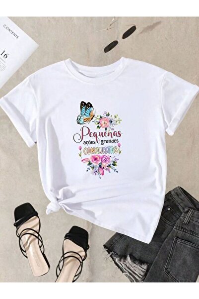 CLASSY.MODA تي شيرت نسائي من جيرسي واحد - تي شيرت أبيض مطبوع كبير الحجم بياقة...