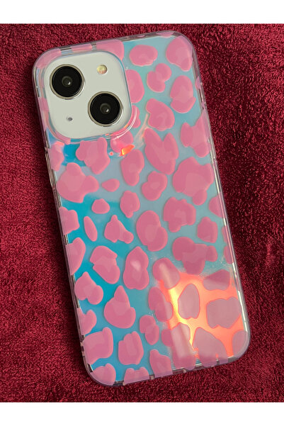 EDELFU iPhone 13/14 Pembe Leopar Desenli Hologramlı Yumuşak Telefon Kılıfı