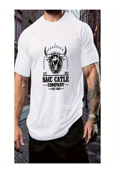 CLASSY.MODA تي شيرت جيرسي واحد للرجال - تي شيرت أبيض مطبوع كبير الحجم بياقة د...