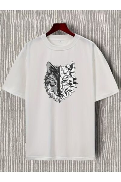 CLASSY.MODA تي شيرت جيرسي واحد للرجال - تي شيرت أبيض مطبوع كبير الحجم بياقة د...