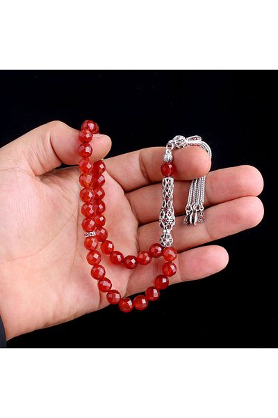 Tesbihsepetim Silver Tasseled with Zircon Stones - Crystal Cut Agate Rosary