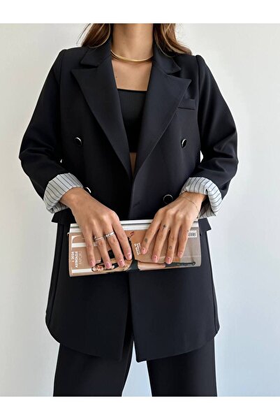 HARMONY GLOBAL Kadın Çizgili Kol DetayBlazer Ceket Siyah 14498