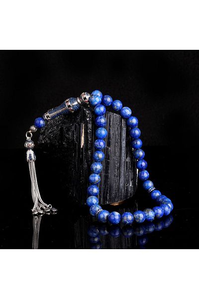Tesbihsepetim Silver Tasseled Genuine Lapis Stone with Zircon Stones - Rosary