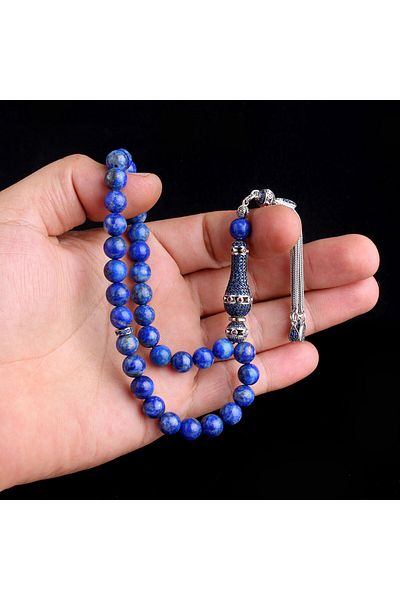 Tesbihsepetim Silver Tasseled Genuine Lapis Stone with Zircon Stones - Rosary