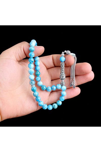 Tesbihsepetim Apatite Rosary with Zircon Stones and Silver Tassels